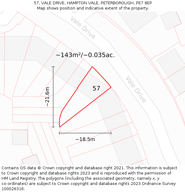 57, VALE DRIVE, HAMPTON VALE, PETERBOROUGH, PE7 8EP: Plot and title map