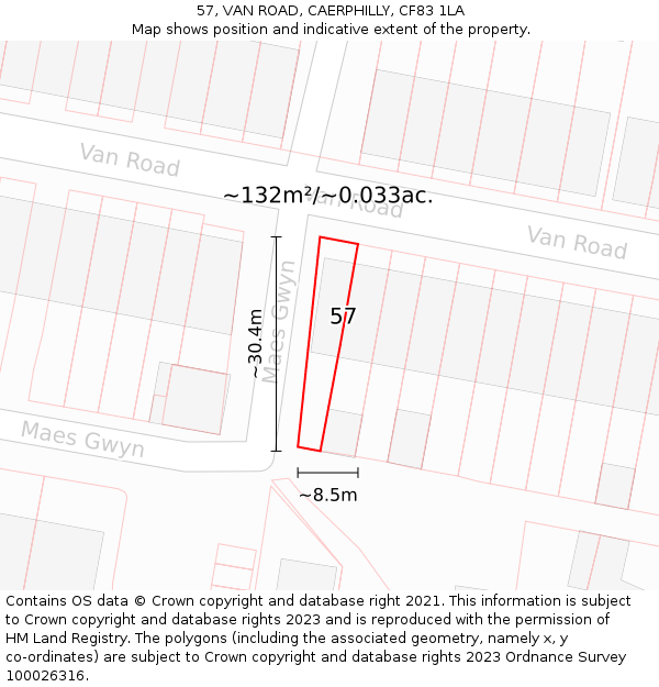 57, VAN ROAD, CAERPHILLY, CF83 1LA: Plot and title map