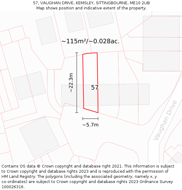 57, VAUGHAN DRIVE, KEMSLEY, SITTINGBOURNE, ME10 2UB: Plot and title map