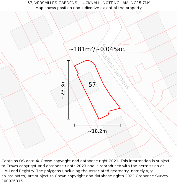 57, VERSAILLES GARDENS, HUCKNALL, NOTTINGHAM, NG15 7NY: Plot and title map