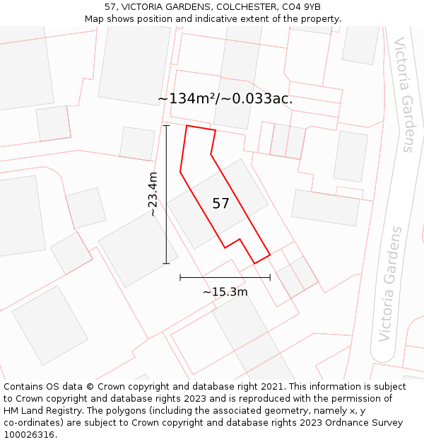 57, VICTORIA GARDENS, COLCHESTER, CO4 9YB: Plot and title map