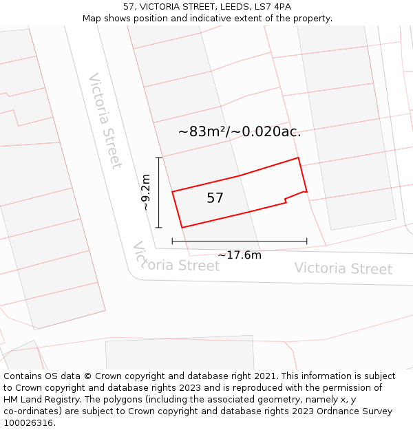 57, VICTORIA STREET, LEEDS, LS7 4PA: Plot and title map