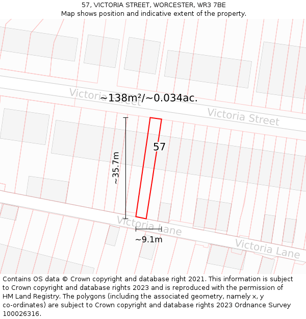 57, VICTORIA STREET, WORCESTER, WR3 7BE: Plot and title map