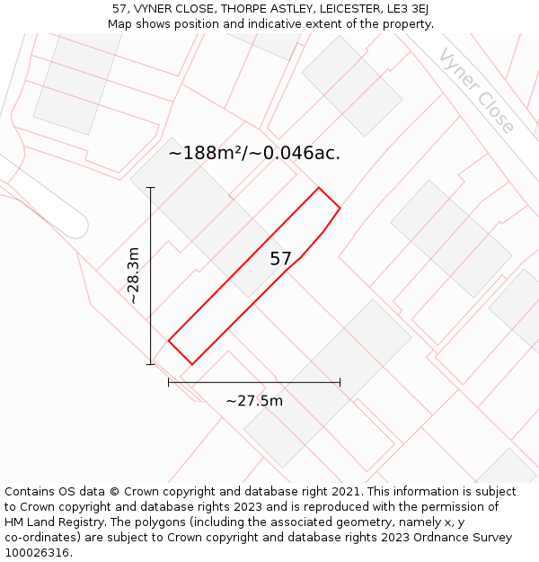 57, VYNER CLOSE, THORPE ASTLEY, LEICESTER, LE3 3EJ: Plot and title map