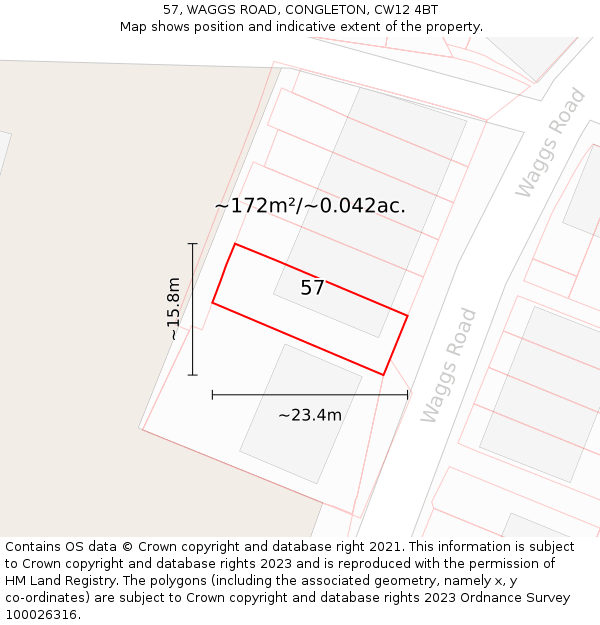 57, WAGGS ROAD, CONGLETON, CW12 4BT: Plot and title map