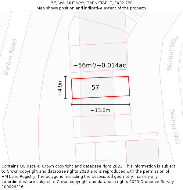 57, WALNUT WAY, BARNSTAPLE, EX32 7RF: Plot and title map
