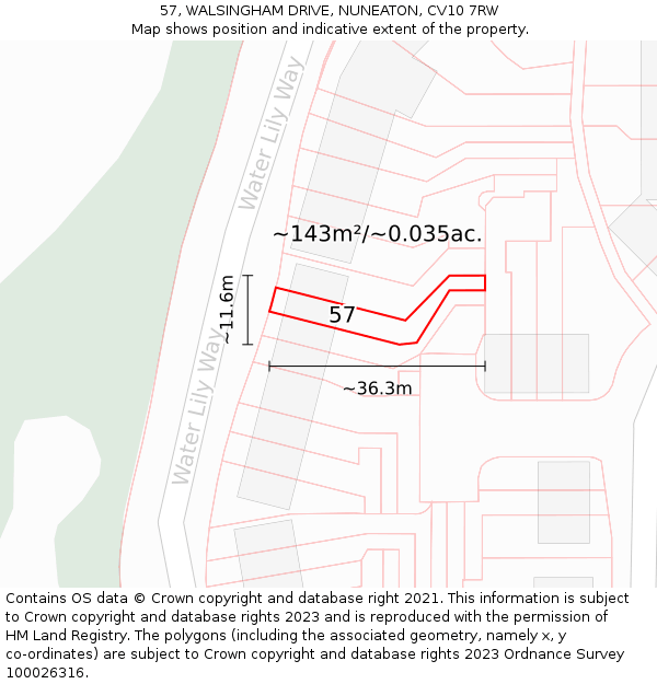 57, WALSINGHAM DRIVE, NUNEATON, CV10 7RW: Plot and title map