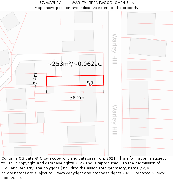 57, WARLEY HILL, WARLEY, BRENTWOOD, CM14 5HN: Plot and title map