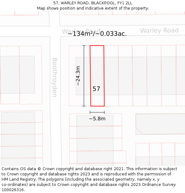 57, WARLEY ROAD, BLACKPOOL, FY1 2LL: Plot and title map