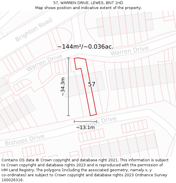 57, WARREN DRIVE, LEWES, BN7 1HD: Plot and title map