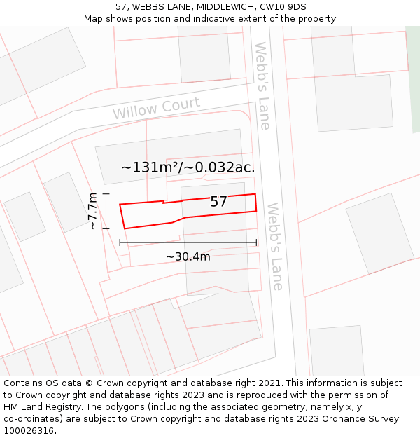 57, WEBBS LANE, MIDDLEWICH, CW10 9DS: Plot and title map