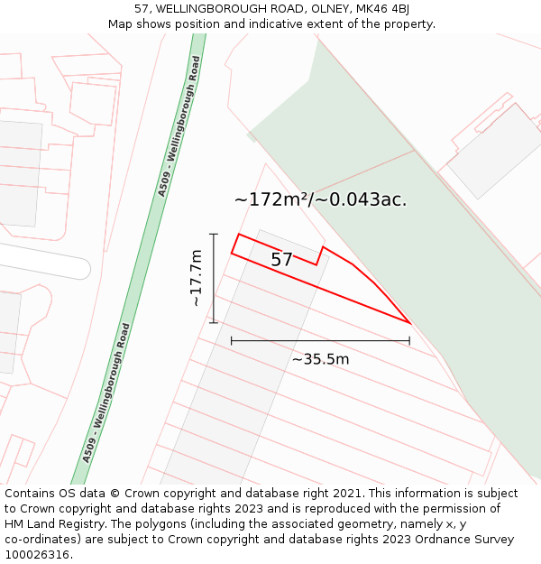 57, WELLINGBOROUGH ROAD, OLNEY, MK46 4BJ: Plot and title map