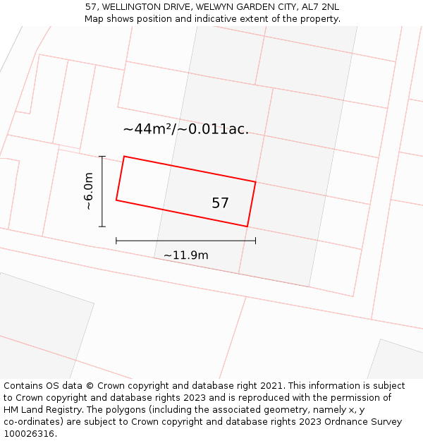 57, WELLINGTON DRIVE, WELWYN GARDEN CITY, AL7 2NL: Plot and title map