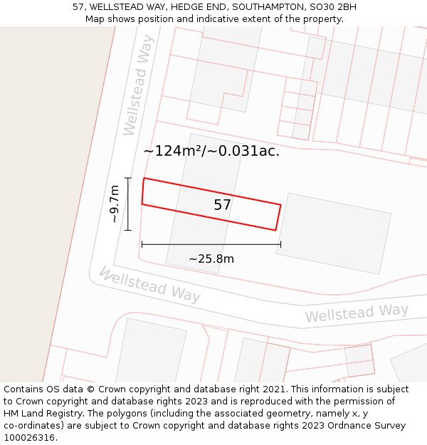 57, WELLSTEAD WAY, HEDGE END, SOUTHAMPTON, SO30 2BH: Plot and title map