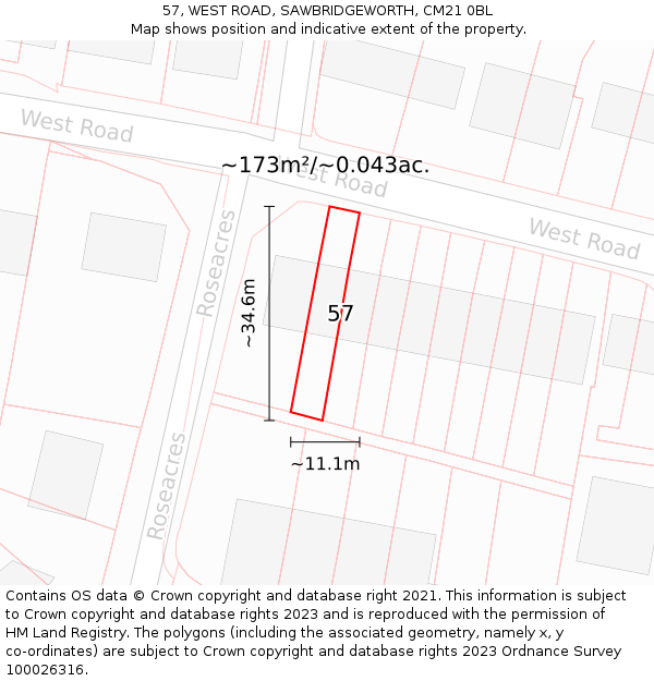 57, WEST ROAD, SAWBRIDGEWORTH, CM21 0BL: Plot and title map