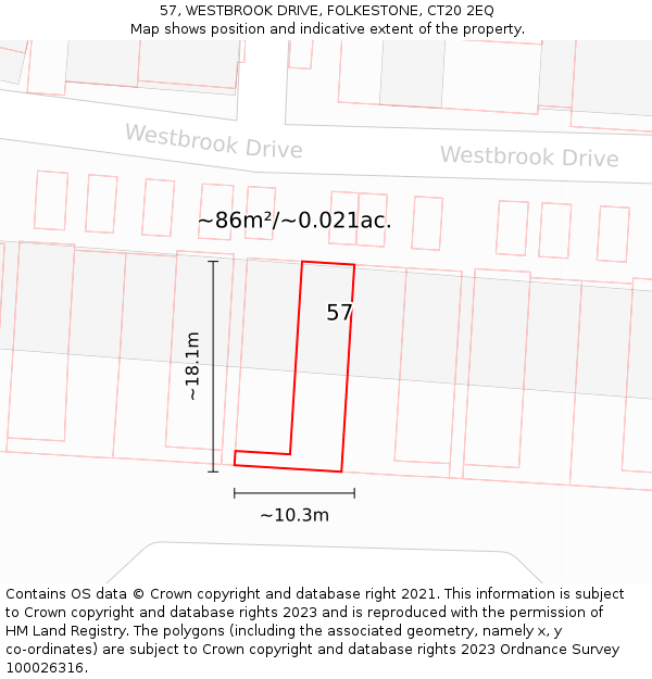 57, WESTBROOK DRIVE, FOLKESTONE, CT20 2EQ: Plot and title map