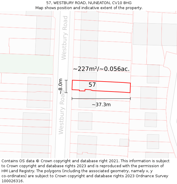 57, WESTBURY ROAD, NUNEATON, CV10 8HG: Plot and title map