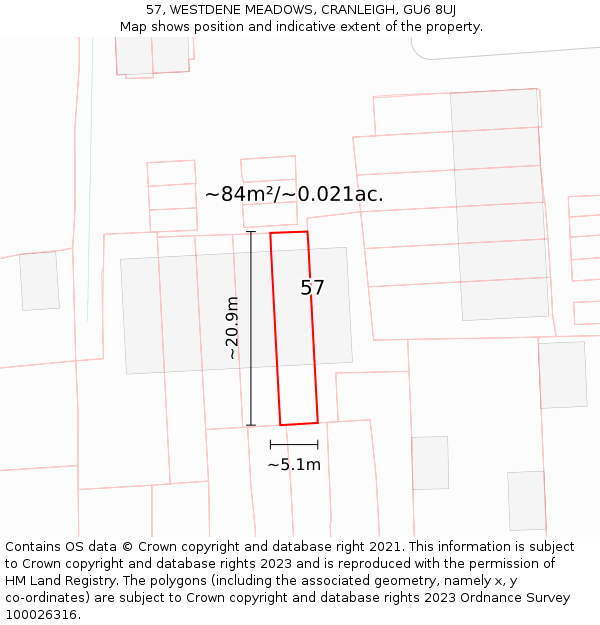 57, WESTDENE MEADOWS, CRANLEIGH, GU6 8UJ: Plot and title map
