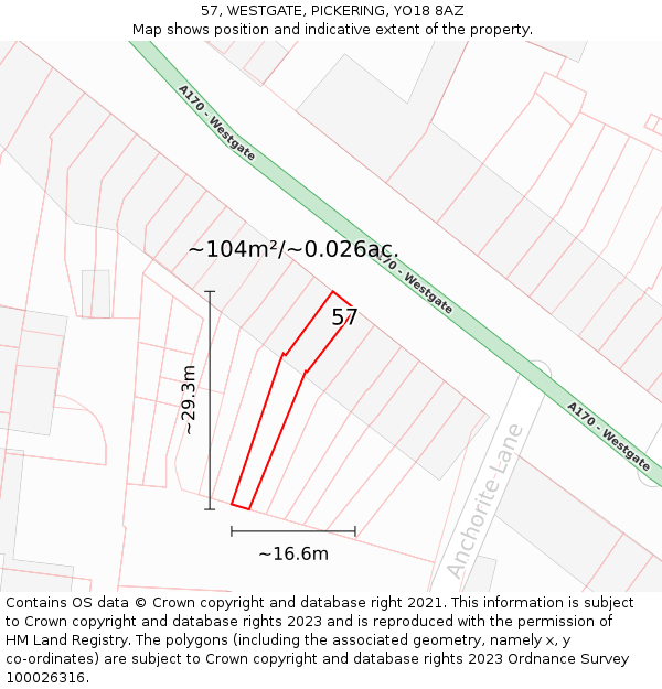 57, WESTGATE, PICKERING, YO18 8AZ: Plot and title map
