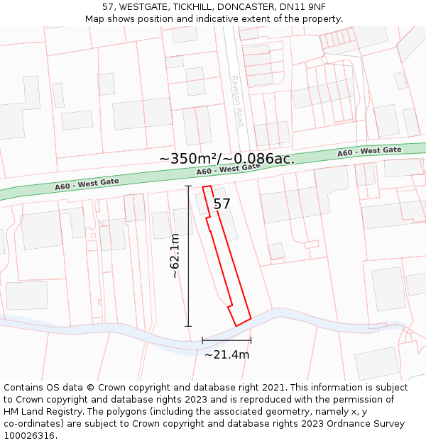 57, WESTGATE, TICKHILL, DONCASTER, DN11 9NF: Plot and title map