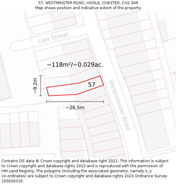 57, WESTMINSTER ROAD, HOOLE, CHESTER, CH2 3AR: Plot and title map