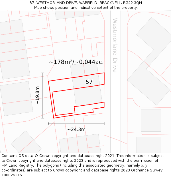 57, WESTMORLAND DRIVE, WARFIELD, BRACKNELL, RG42 3QN: Plot and title map