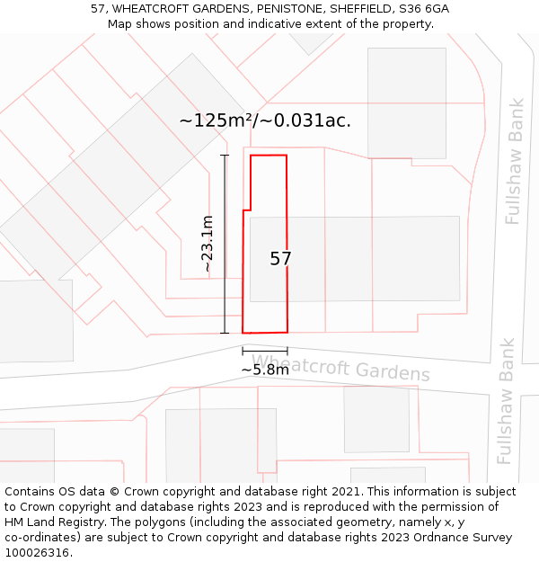 57, WHEATCROFT GARDENS, PENISTONE, SHEFFIELD, S36 6GA: Plot and title map