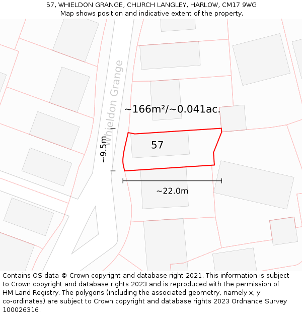 57, WHIELDON GRANGE, CHURCH LANGLEY, HARLOW, CM17 9WG: Plot and title map