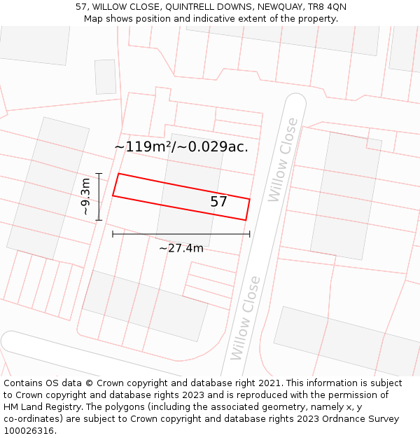 57, WILLOW CLOSE, QUINTRELL DOWNS, NEWQUAY, TR8 4QN: Plot and title map