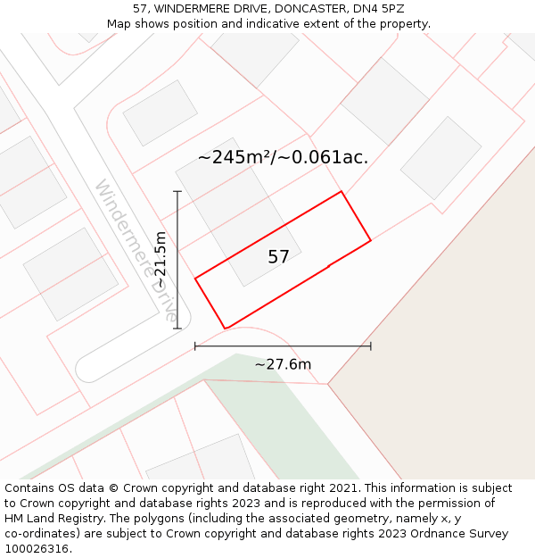 57, WINDERMERE DRIVE, DONCASTER, DN4 5PZ: Plot and title map