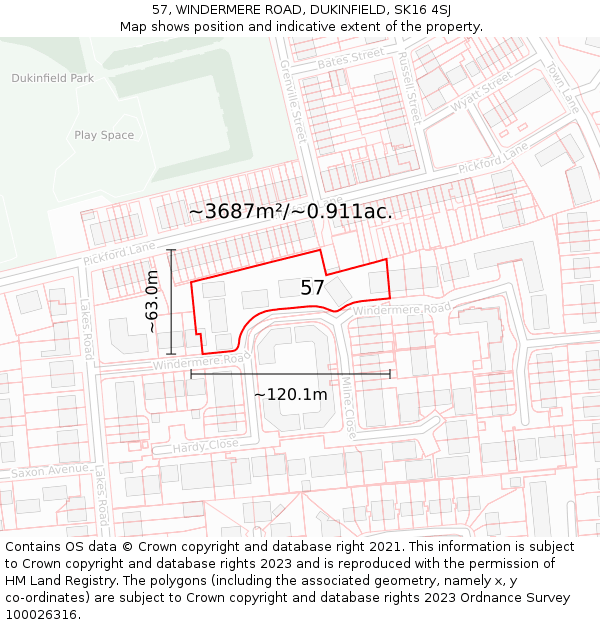 57, WINDERMERE ROAD, DUKINFIELD, SK16 4SJ: Plot and title map