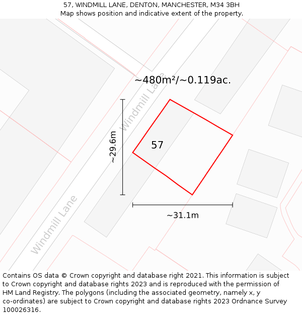 57, WINDMILL LANE, DENTON, MANCHESTER, M34 3BH: Plot and title map
