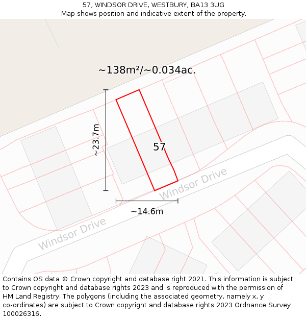 57, WINDSOR DRIVE, WESTBURY, BA13 3UG: Plot and title map