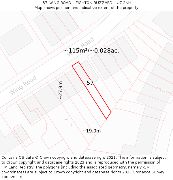57, WING ROAD, LEIGHTON BUZZARD, LU7 2NH: Plot and title map
