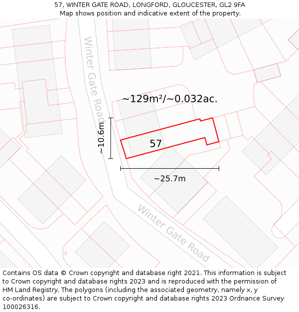 57, WINTER GATE ROAD, LONGFORD, GLOUCESTER, GL2 9FA: Plot and title map