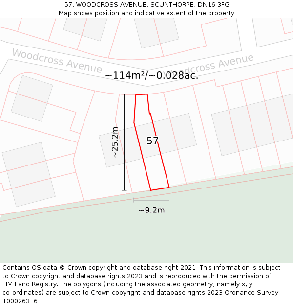 57, WOODCROSS AVENUE, SCUNTHORPE, DN16 3FG: Plot and title map