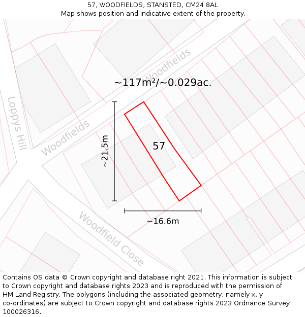 57, WOODFIELDS, STANSTED, CM24 8AL: Plot and title map