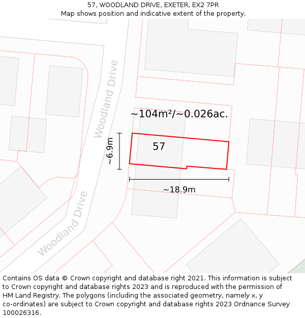57, WOODLAND DRIVE, EXETER, EX2 7PR: Plot and title map