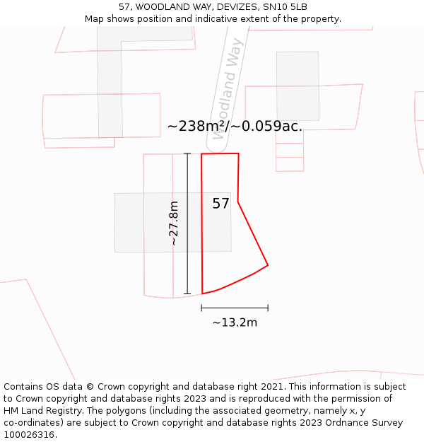 57, WOODLAND WAY, DEVIZES, SN10 5LB: Plot and title map