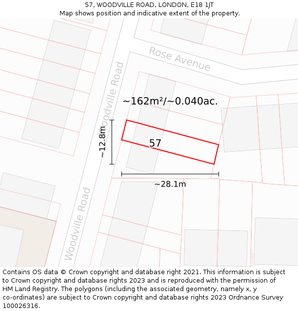 57, WOODVILLE ROAD, LONDON, E18 1JT: Plot and title map