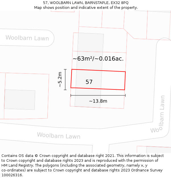 57, WOOLBARN LAWN, BARNSTAPLE, EX32 8PQ: Plot and title map