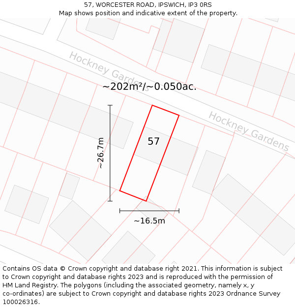 57, WORCESTER ROAD, IPSWICH, IP3 0RS: Plot and title map