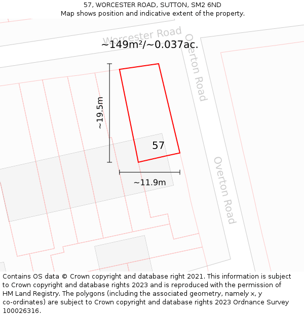 57, WORCESTER ROAD, SUTTON, SM2 6ND: Plot and title map