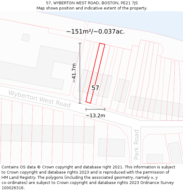 57, WYBERTON WEST ROAD, BOSTON, PE21 7JS: Plot and title map