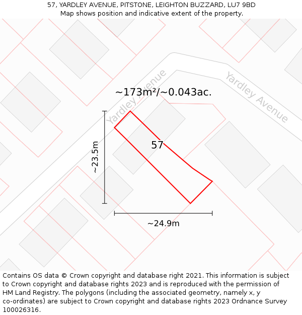 57, YARDLEY AVENUE, PITSTONE, LEIGHTON BUZZARD, LU7 9BD: Plot and title map
