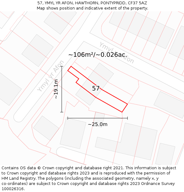 57, YMYL YR AFON, HAWTHORN, PONTYPRIDD, CF37 5AZ: Plot and title map