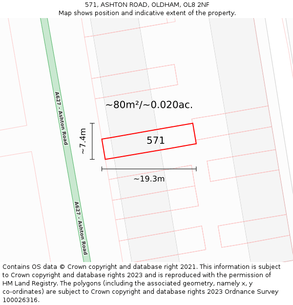 571, ASHTON ROAD, OLDHAM, OL8 2NF: Plot and title map