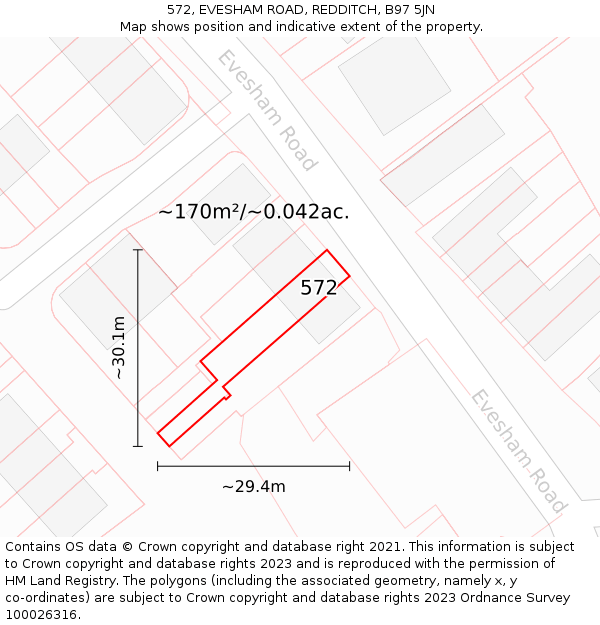 572, EVESHAM ROAD, REDDITCH, B97 5JN: Plot and title map