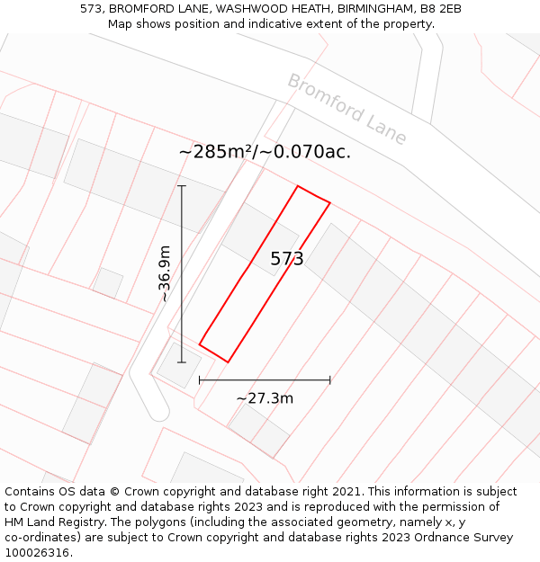 573, BROMFORD LANE, WASHWOOD HEATH, BIRMINGHAM, B8 2EB: Plot and title map
