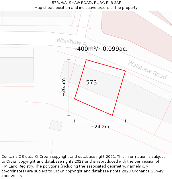 573, WALSHAW ROAD, BURY, BL8 3AF: Plot and title map